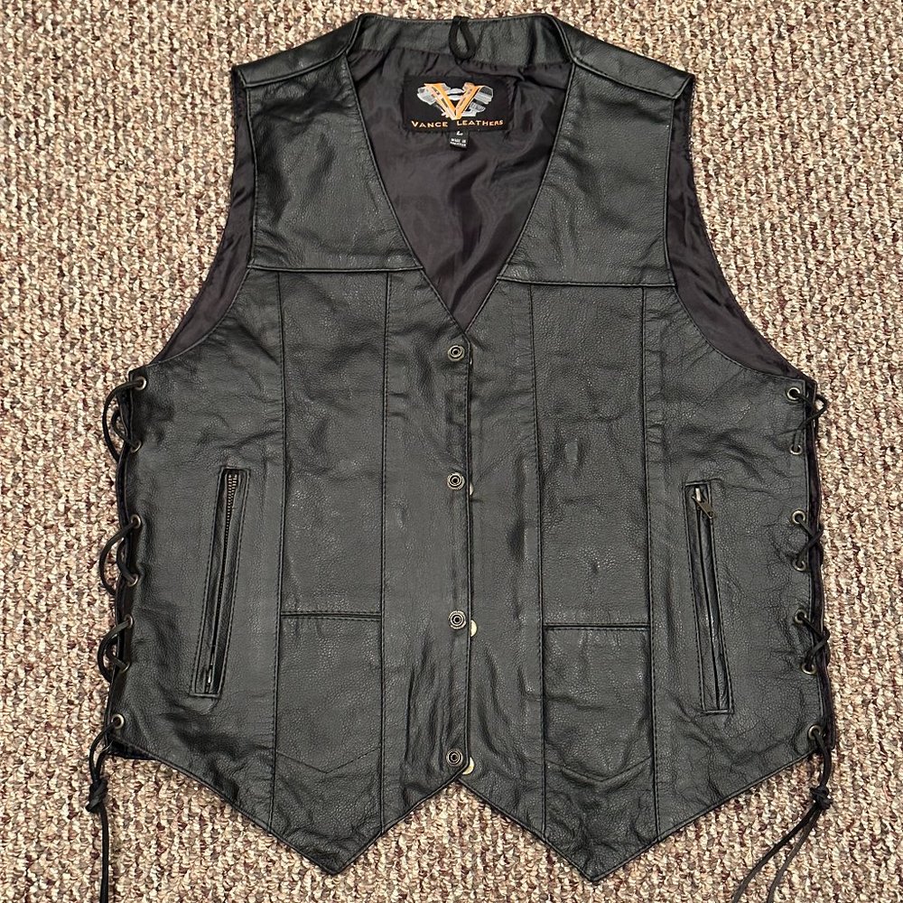 Vance VL915 Men's Black Premium Cowhide Ten Pocket Leather Vest